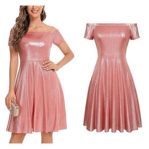 ✨ NWT Metallic Off Shoulder Short Sleeve Cocktail Party Club Pink Dress NWT